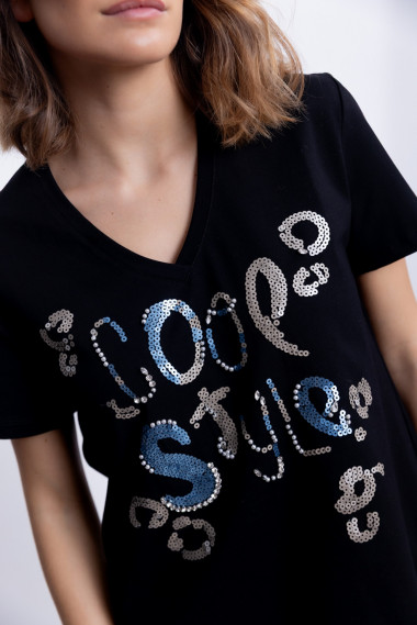 Camiseta Negra Algodón Con Lentejuelas BMB & Co.