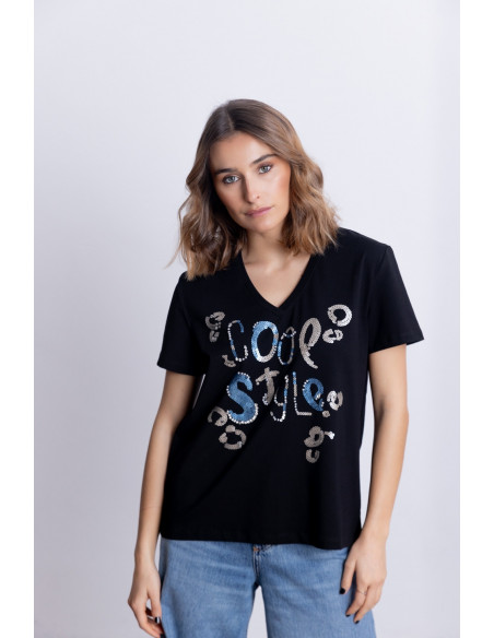 Camiseta Negra Algodón Con Lentejuelas BMB & Co.