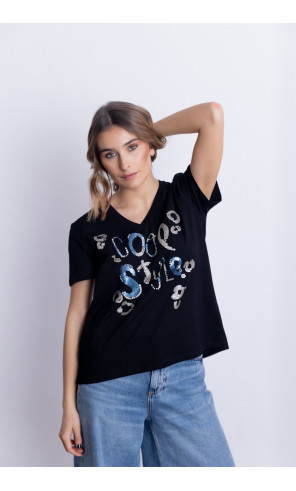 Camiseta Negra Algodón Con Lentejuelas BMB & Co.