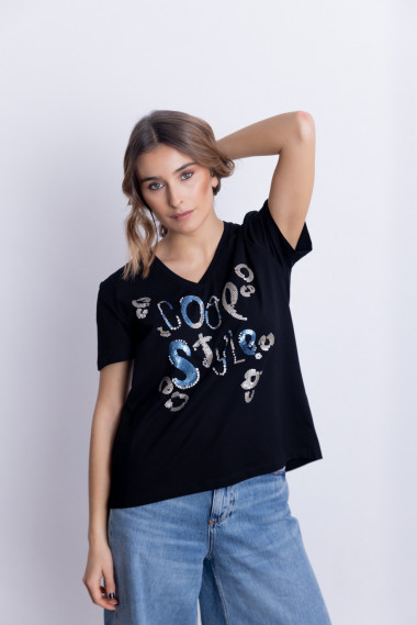 Camiseta Negra Algodón Con Lentejuelas BMB & Co.