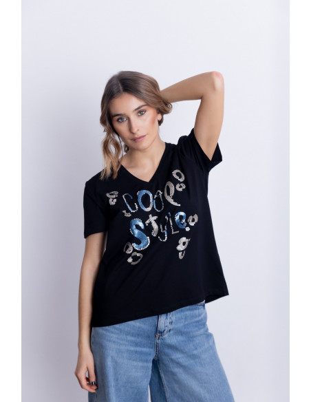 Camiseta Negra Algodón Con Lentejuelas BMB & Co.