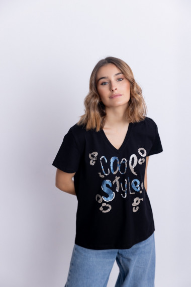 Camiseta Negra Algodón Con Lentejuelas BMB & Co.